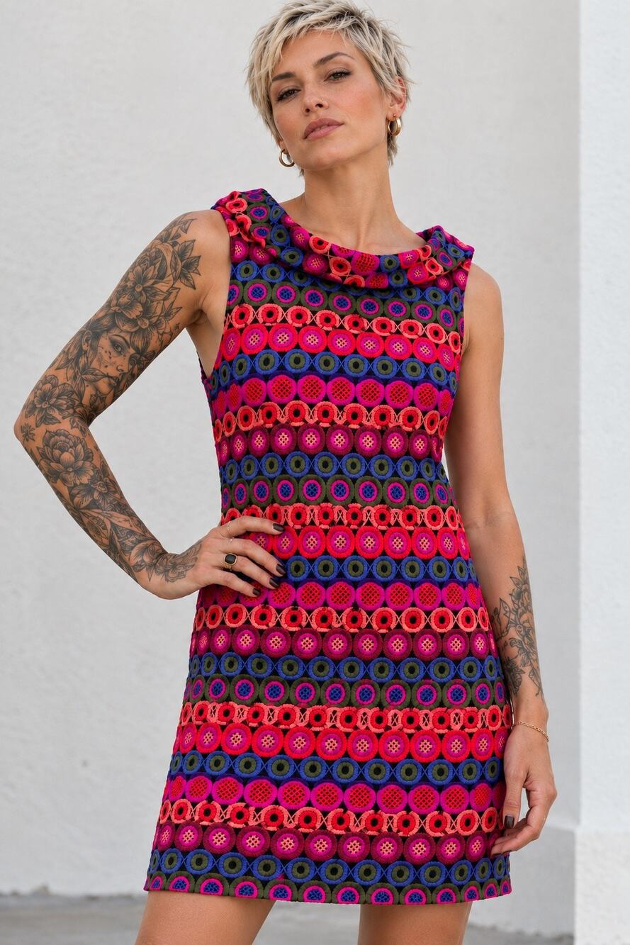 Trina Turk Multicolor Embroidered Mini Dress Cowl Neck USA Made Mod Retro Sz 8